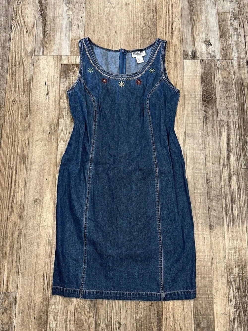 90s Vintage Robbie Bee 6P Denim Floral Embroidered Mini Dress